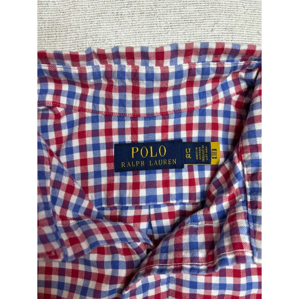 Polo Ralph Lauren Button Down Men LT Red Blue Gingham Short Sleeve Pony Logo